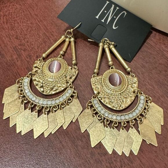 INC Satin Gold Tone Ornate Chandelier Earrings 4 Inches - Picture 1 of 7